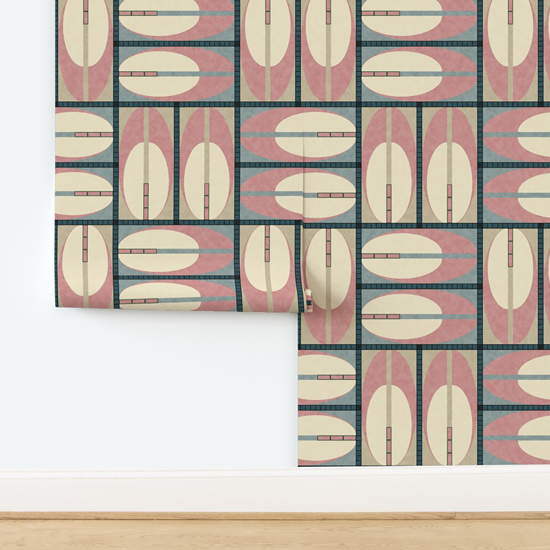 The artwork features a repeating geometric pattern of symmetrical shapes resembling elongated, curved diamonds or petals in various shades of blue and green. Each shape is split vertically with one half filled with a light blue and the other half filled with green or darker blue. The background is a light, almost pastel blue, which provides a soft yet vibrant backdrop. One of the blue shapes near the upper left contains a white starburst element, adding a focal point of brightness to the composition. The overall design conveys a modern, mid-century aesthetic with clean lines and harmonious color contrasts.